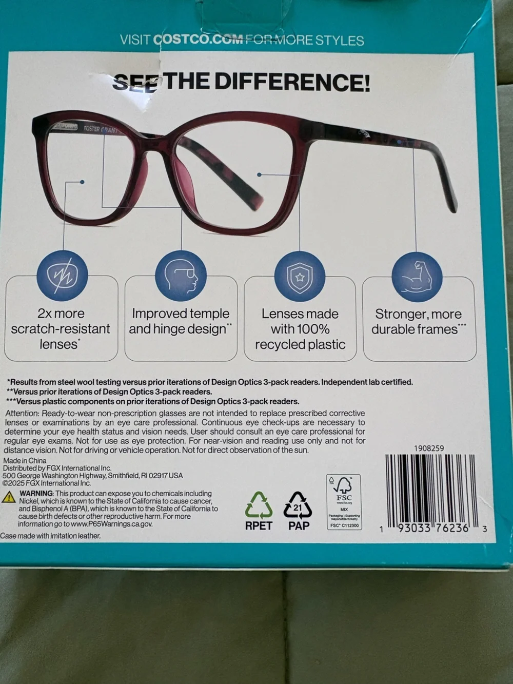 Foster Grant  Reading Glasses 3 pair, +1.75